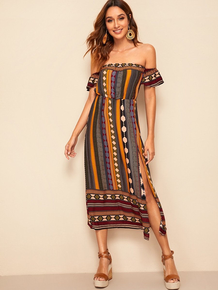 SHEIN Off Shoulder Tribal Print Split Dress | SHEIN