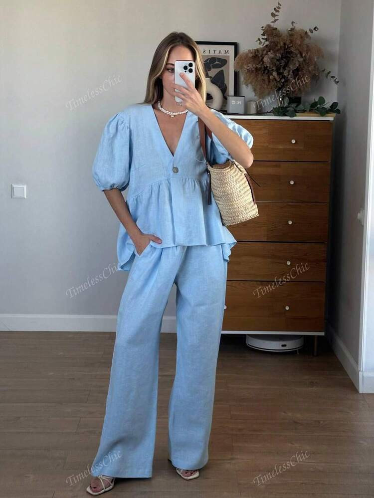 2pcs Women's Casual Elegant Outfit, Includes Bubble Lantern Sleeve V-Neck Top And Elastic Waist Pocket Pants, Lightweight Sheer Fabric, Suitable For Casual, Evening, Beach, Wedding, Garden, Street | SHEIN