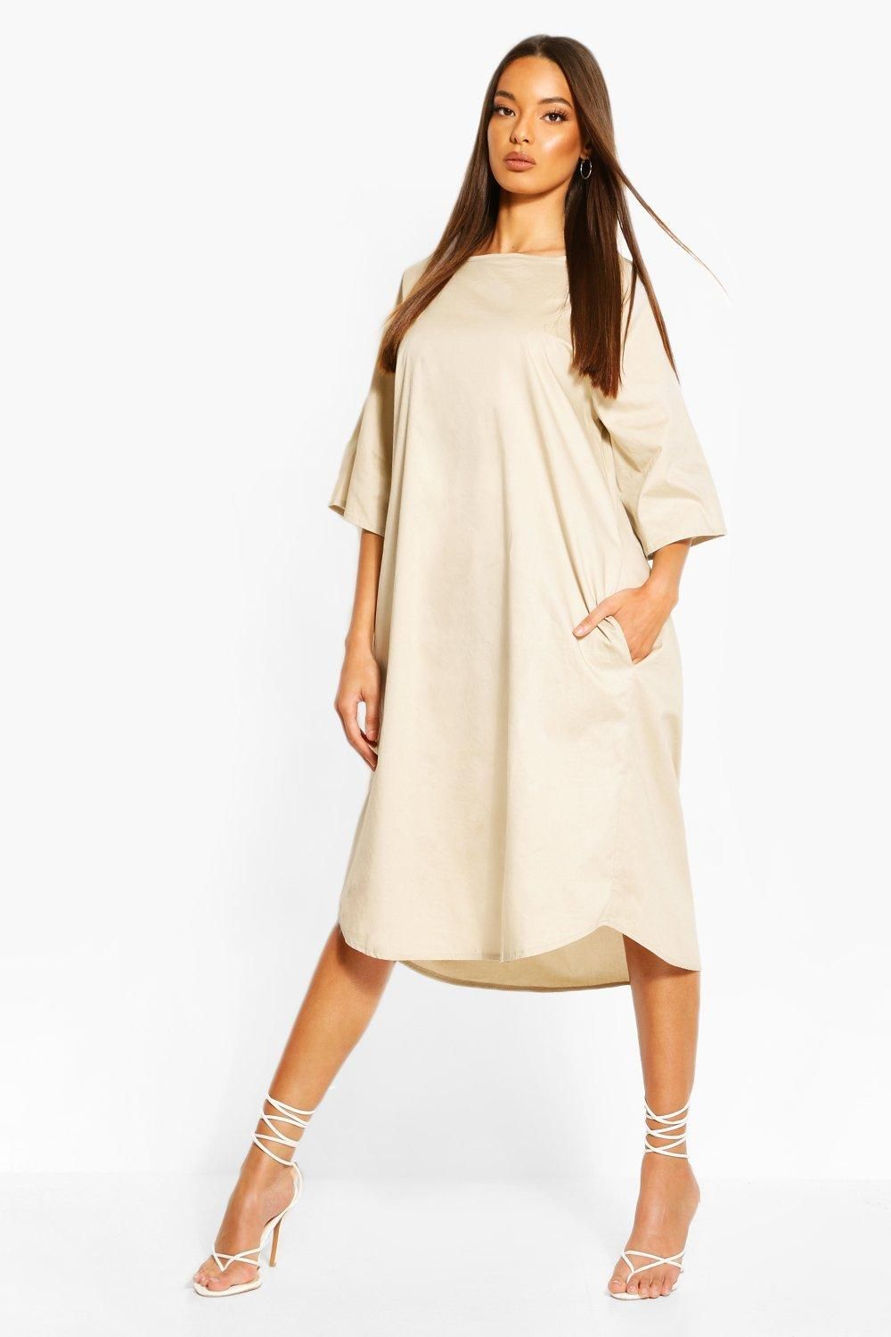 Womens Cotton Roll Sleeve Oversized Midi Dress - Beige - 12 | Boohoo.com (US & CA)
