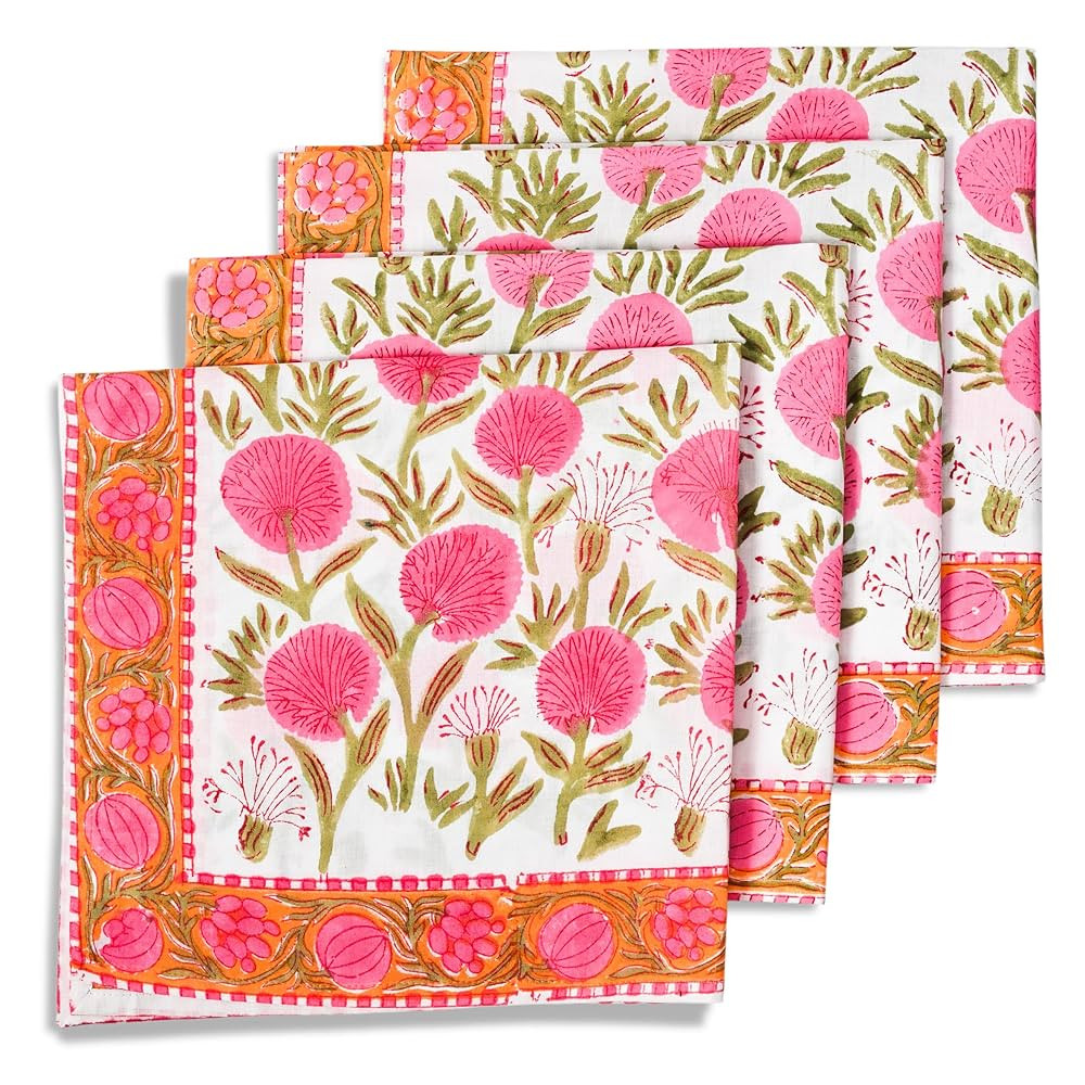 Ridhi Hand Block Print Kitchen Towels Table Décor 20×20 Inch Floral Dinner Cloth Napkins Set of... | Amazon (US)