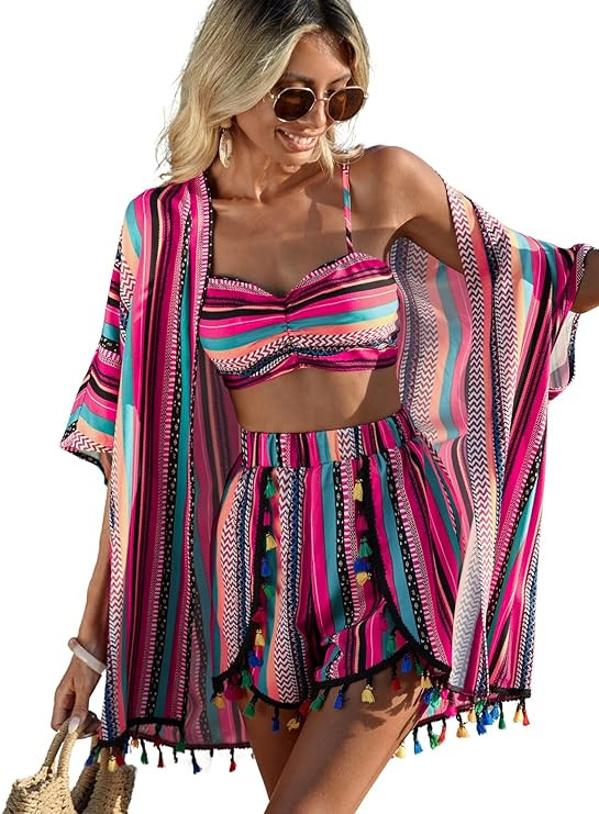 Verdusa Women's 3 Piece Outfits Short Sleeve Open Front Kimono and Boho Cami Top and Tassel Trim ... | Amazon (US)