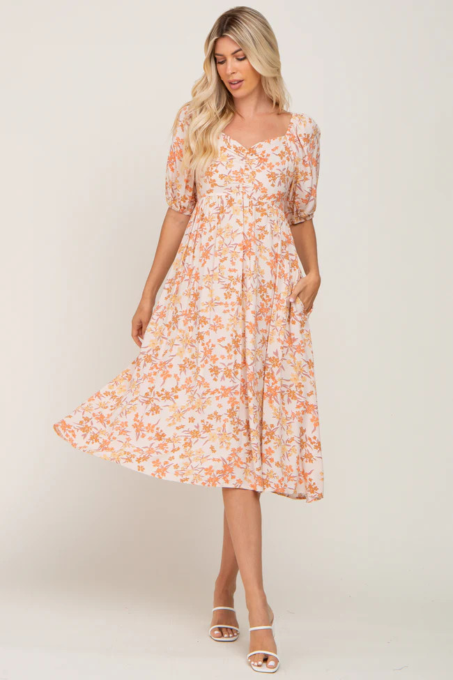 Cream Floral Cinched Bust Maternity Midi Dress | PinkBlush Maternity