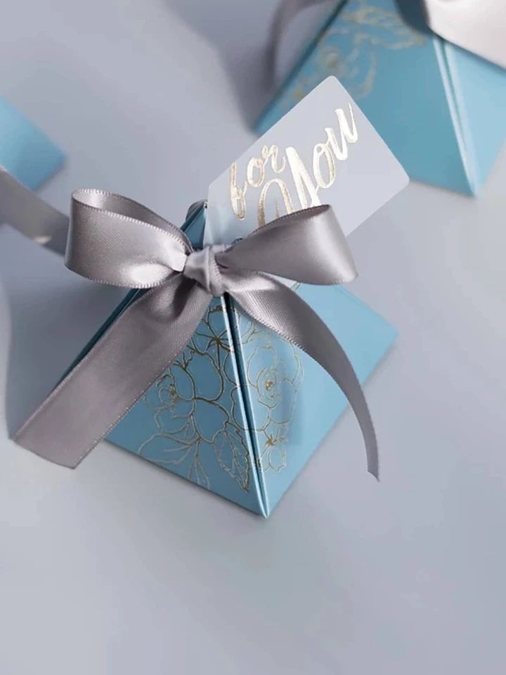 10pcs Paper Gift Box With Ribbon, Exquisite Metallic Floral Print Blue Party Favor Goodie Box For... | SHEIN