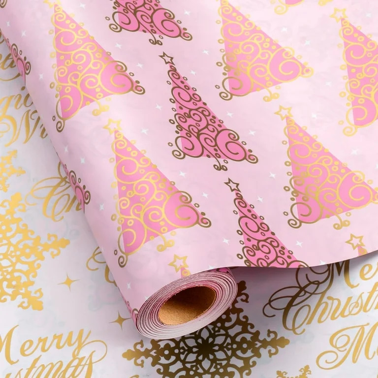 HOMERAL Christmas Wrapping Paper Roll - Pink Gift Wrap with Christmas Tree and Snowflake - Perfec... | Walmart (US)