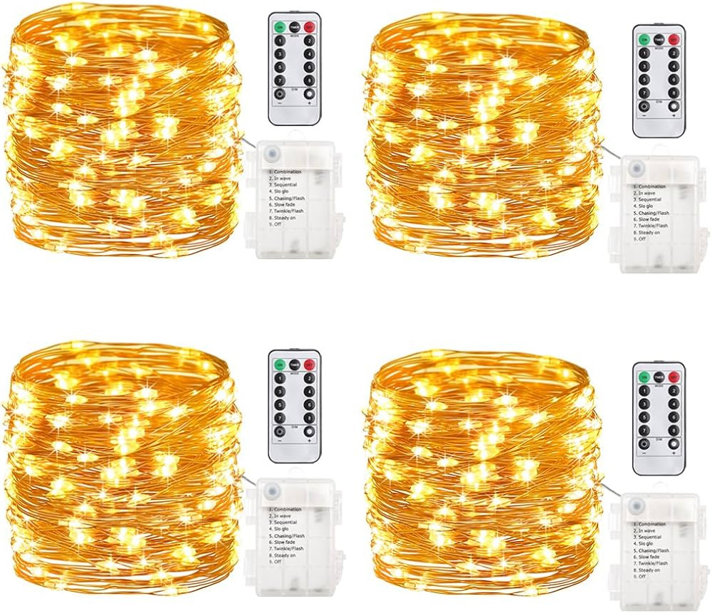 GDEALER 4 Pack 16.4 Feet 50 Led Fairy Lights Battery Operated with Remote Control Timer Waterproo... | Amazon (US)