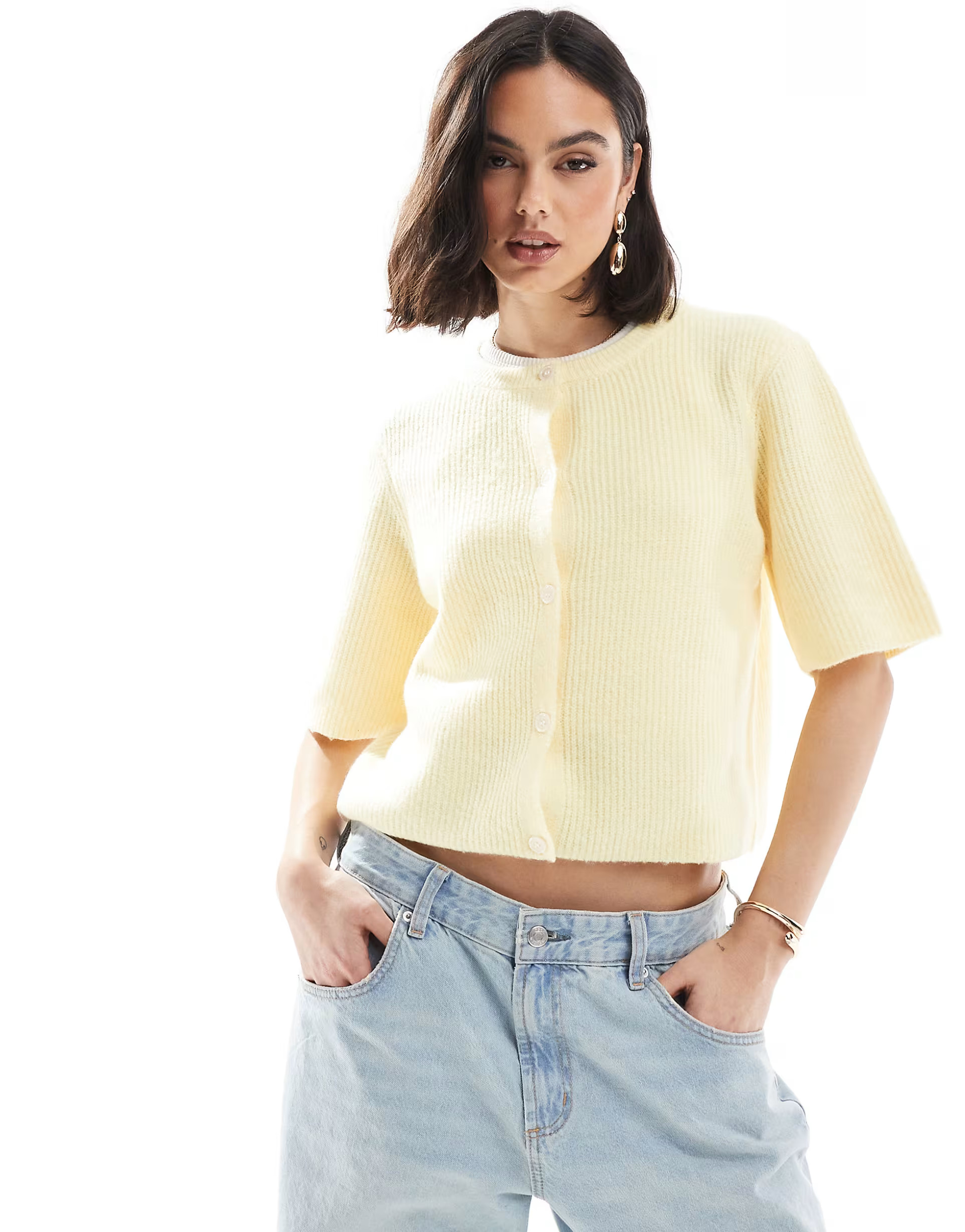 Pieces soft knit short sleeve cardigan in pale banana | ASOS (Global)