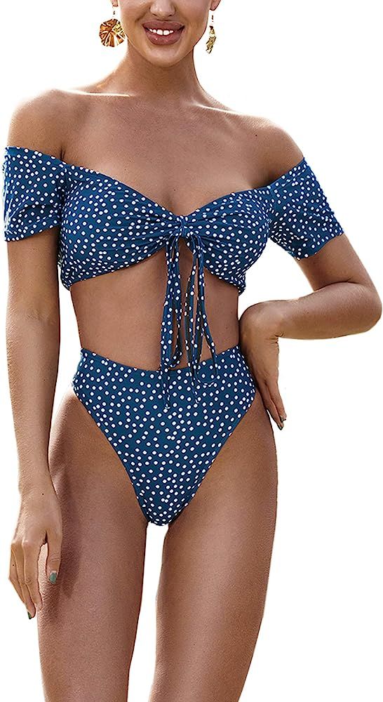 Women's Off Shoulder Two Piece Swimsuit Bow Knot High Waist Swimwear Bandeau Bikini Sets | Amazon (US)