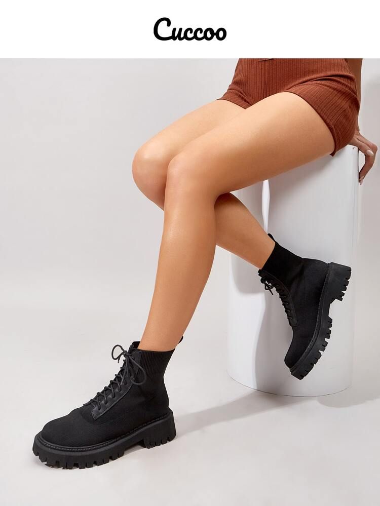 Cuccoo Lace-up Front Knit Detail Combat Boots | SHEIN