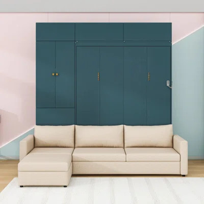 Queen Wooden Murphy Bed with Shelves and Upholstered Sofa | Wayfair North America