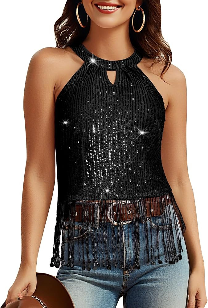 Aupuls Fringe Sequin Tops for Women Halter Sparkly Top for Christmas Party Country Concert Outfit... | Amazon (US)