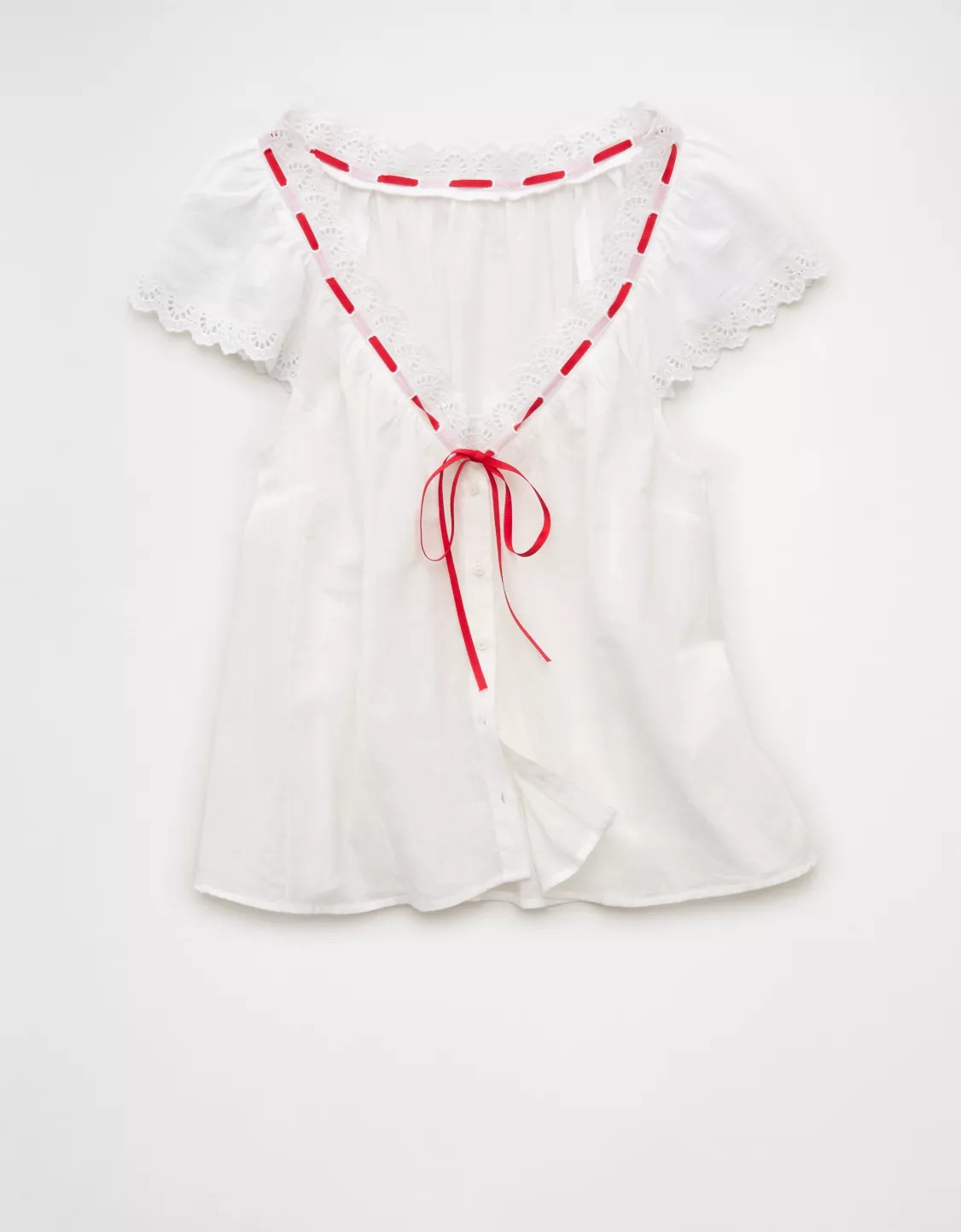 AE Short-Sleeve Ribbon Blouse | American Eagle Outfitters (US & CA)