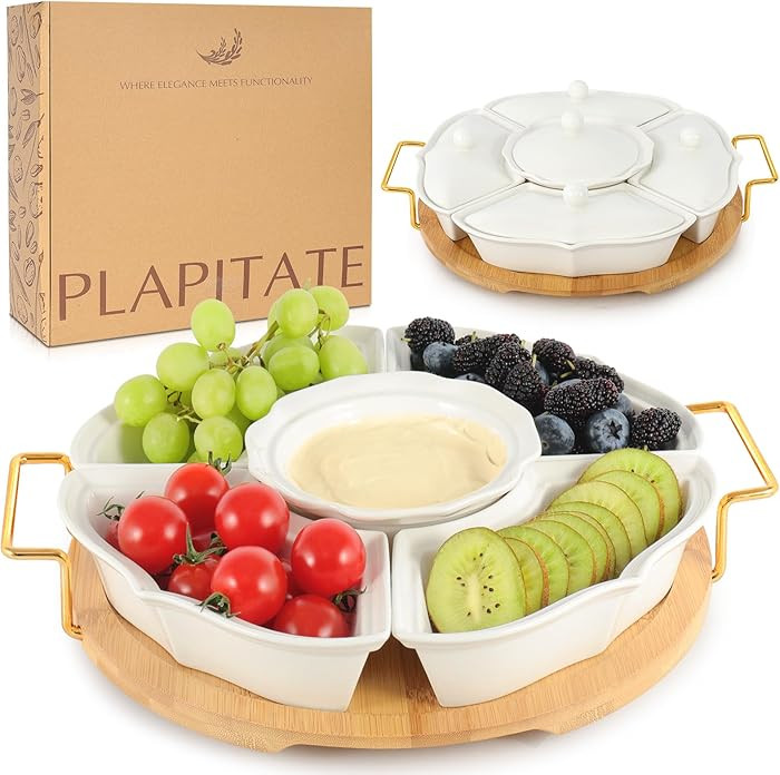 Party Serving Trays and Platters, Ceramic Lazy Susan Serving Tray with Divided Sections Appetizer... | Amazon (US)