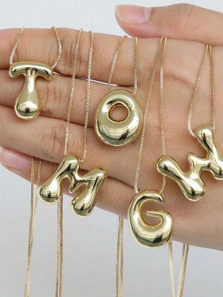 1pc Gold Plated Copper Chunky Alphabet Balloon Bubble Initial Letter Pendant Necklace For Women M... | SHEIN