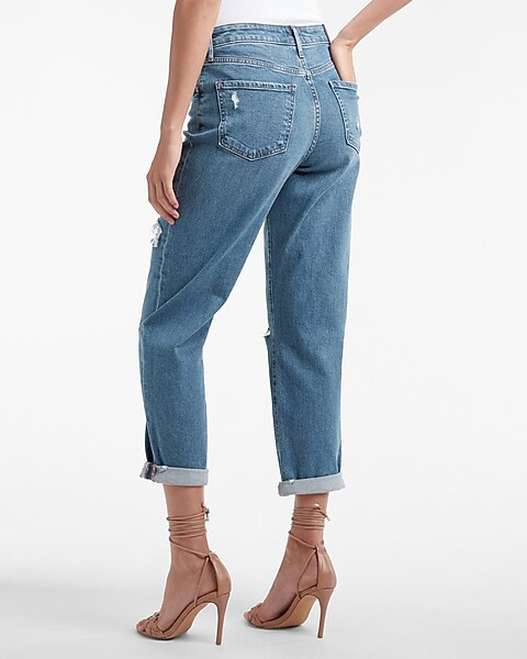 Mid Rise Rolled Hem Ripped Boyfriend Jean | Express