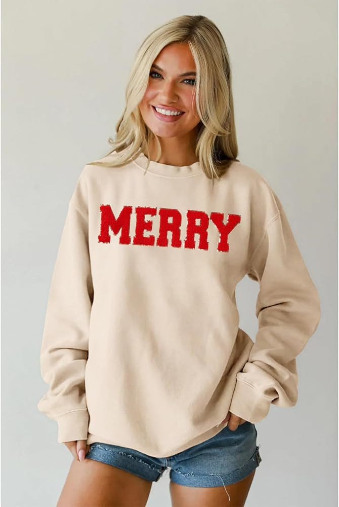 IZYJOY Christmas Women's Merry Graphic Sweatshirt Chenille Patch Letter Printed Crewneck Xmas Gif... | Amazon (US)
