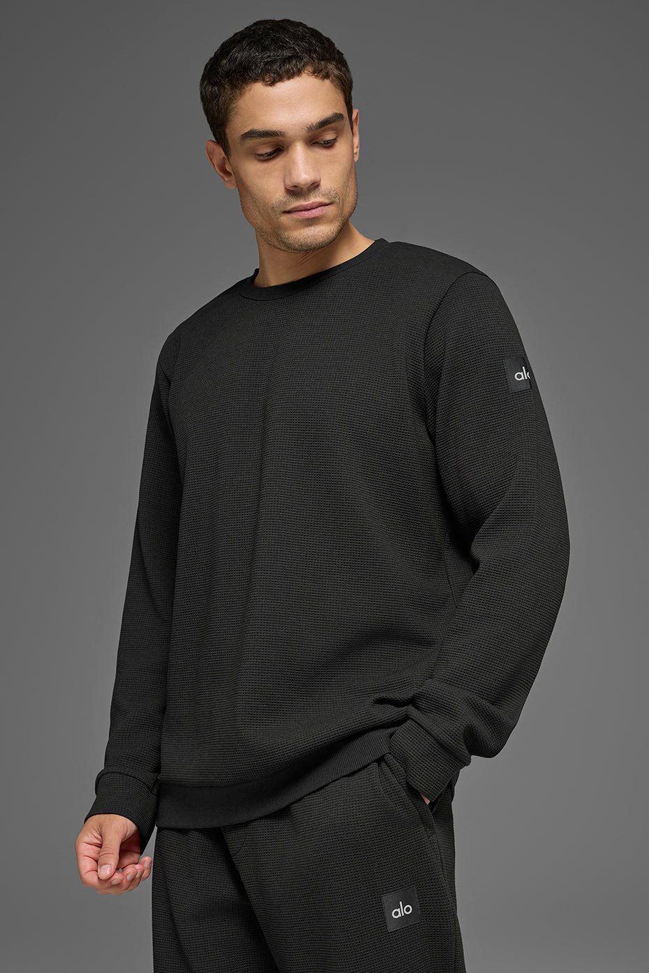 ALO | Waffle Lounge Long Sleeve Crewneck Top in Black, Size: 2XL | Alo Yoga