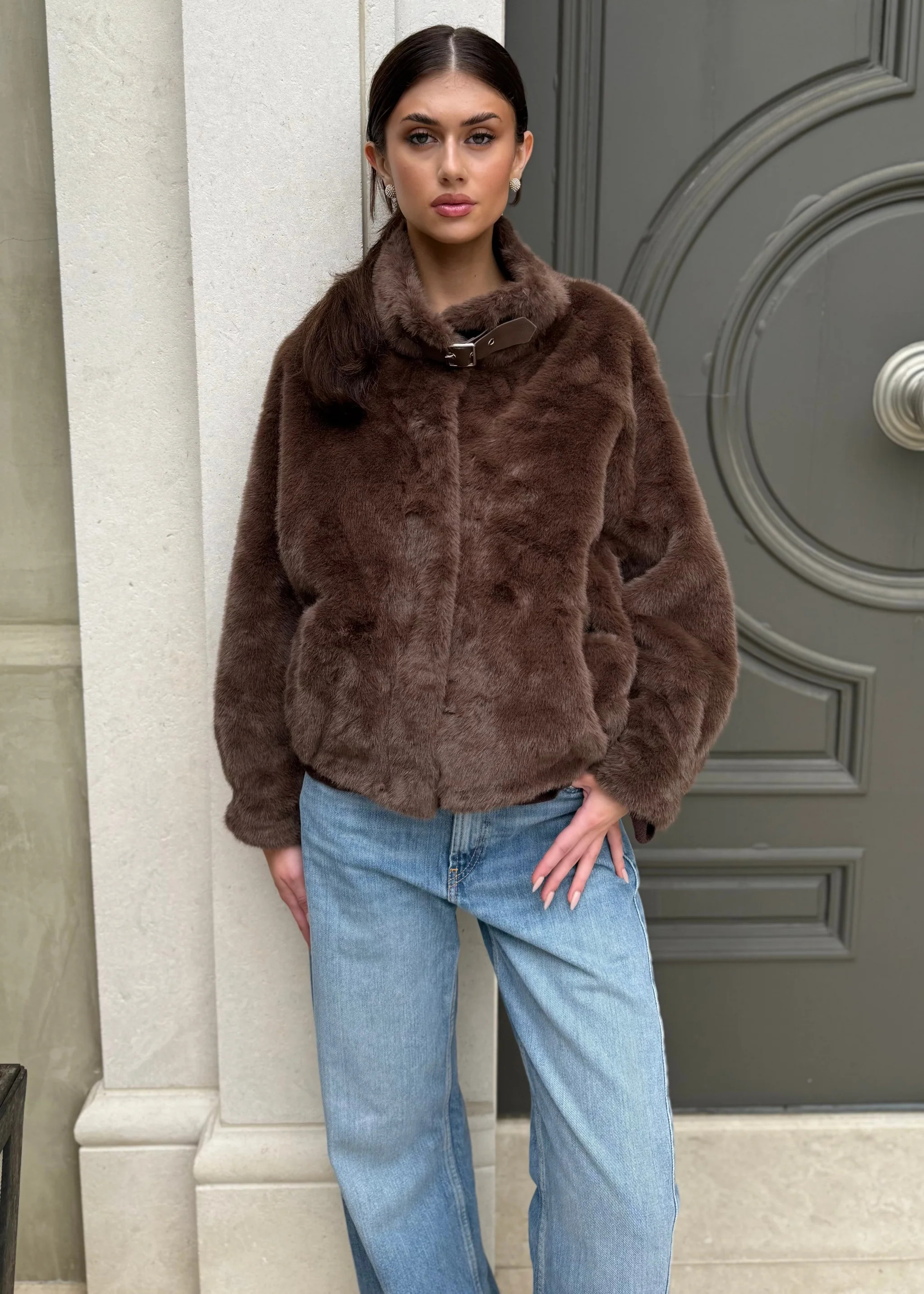 Margaux Buckle Strap Collar Long Sleeve Faux Fur Coat - Chocolate Brow | Benaar La