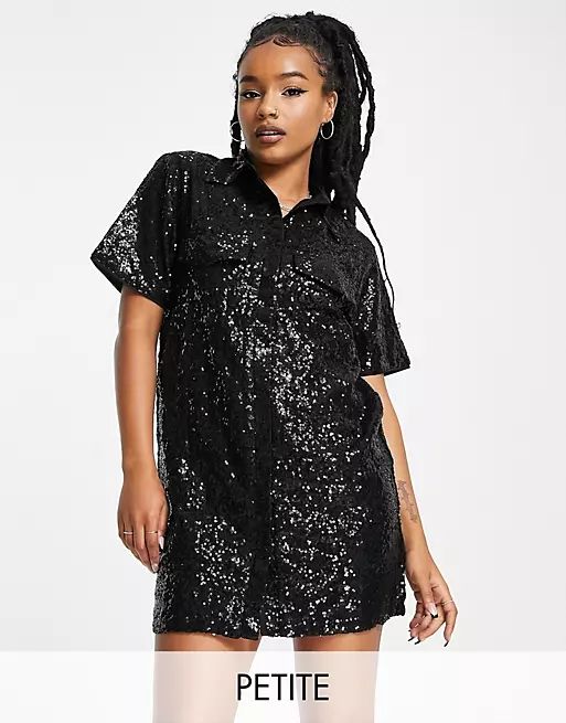 Extro & Vert Petite mini shirt dress in black sequin | ASOS (Global)