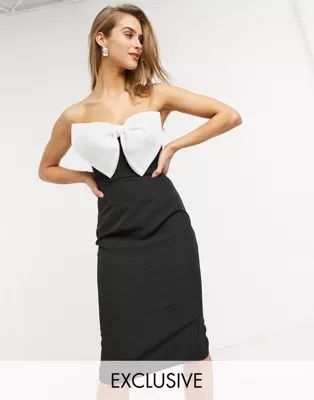 Lusso the Label exclusive bandeau midi dress with tuxedo bow in black | ASOS (Global)