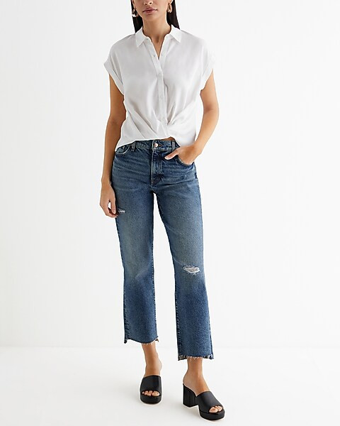 Short Cuff Sleeve Twist Front Shirt | Express