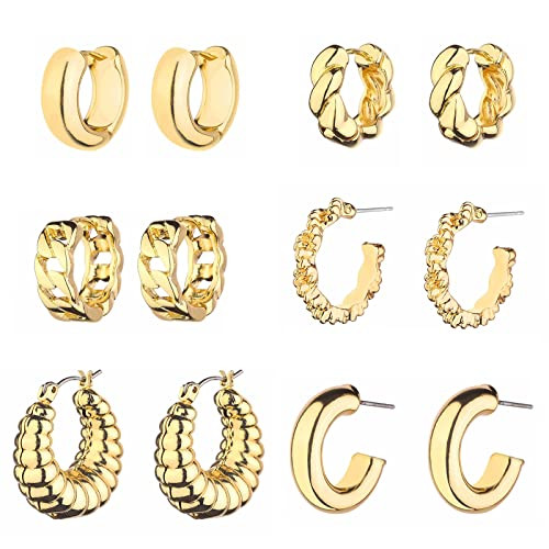 Wgoud Chunky Hoop Earrings Set 14K Gold Plated Hoop Earrings for Women Hypoallergenic, Thick Hoops Earring set, Twist Huggie Hoop Earring (6 Gold Chunky Hoops) | Amazon (US)