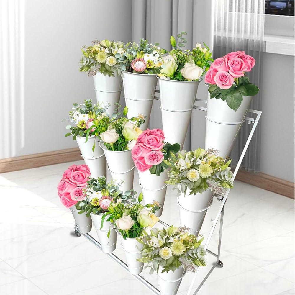 3 Tier Metal Flower Display Stand Frame with 12pcs Buckets, Flower Plant Cart Display Stand with ... | Amazon (US)