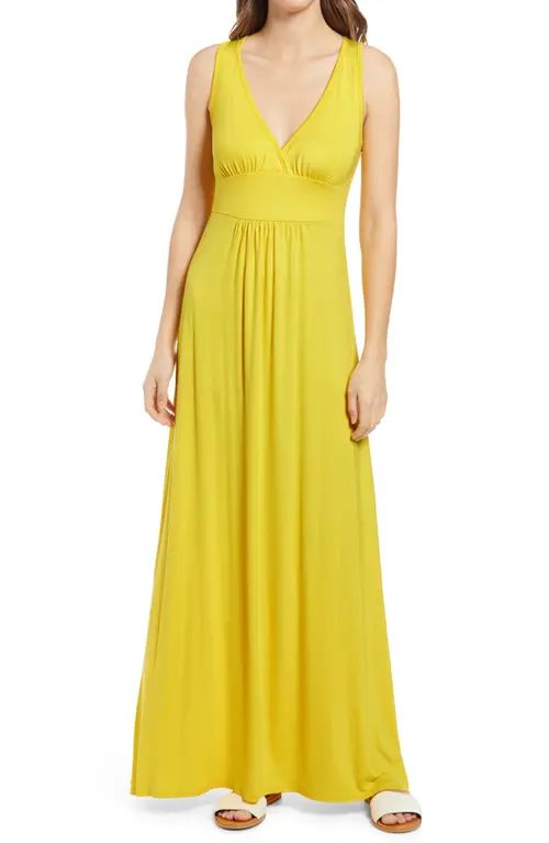 Loveappella V-Neck Jersey Maxi Dress in Yellow at Nordstrom, Size Small | Nordstrom