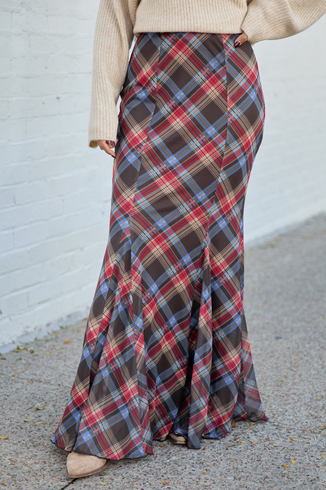 Anna Marie Brown Plaid Knit Maxi Skirt | Pink Lily