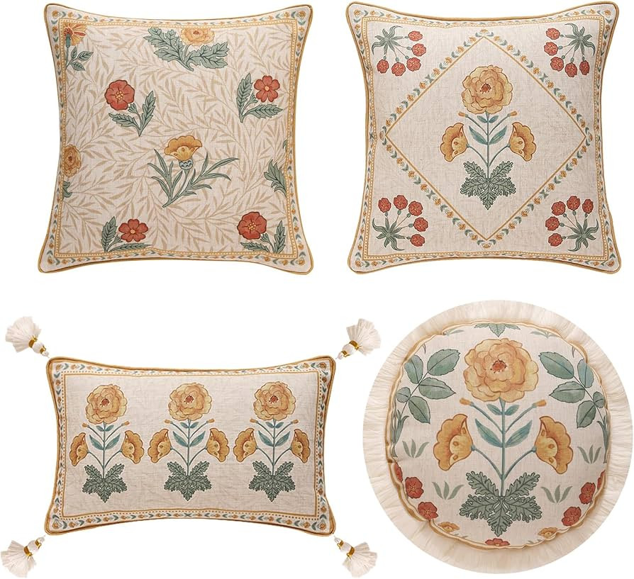 patdrea Designer Pack of 4 Throw Pillow Covers,Beige Vintage French Soft Linen Pillows Cover with... | Amazon (US)