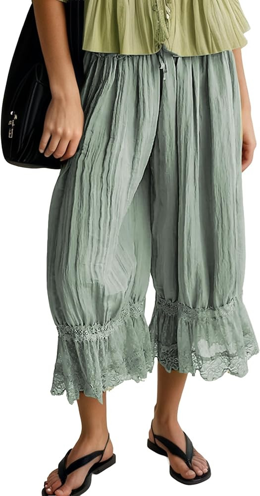 Women Lace Trim Long Bloomers Y2k Elastic Waist Lace Patchwork Pettipants Pantaloons Slip Cropped... | Amazon (US)