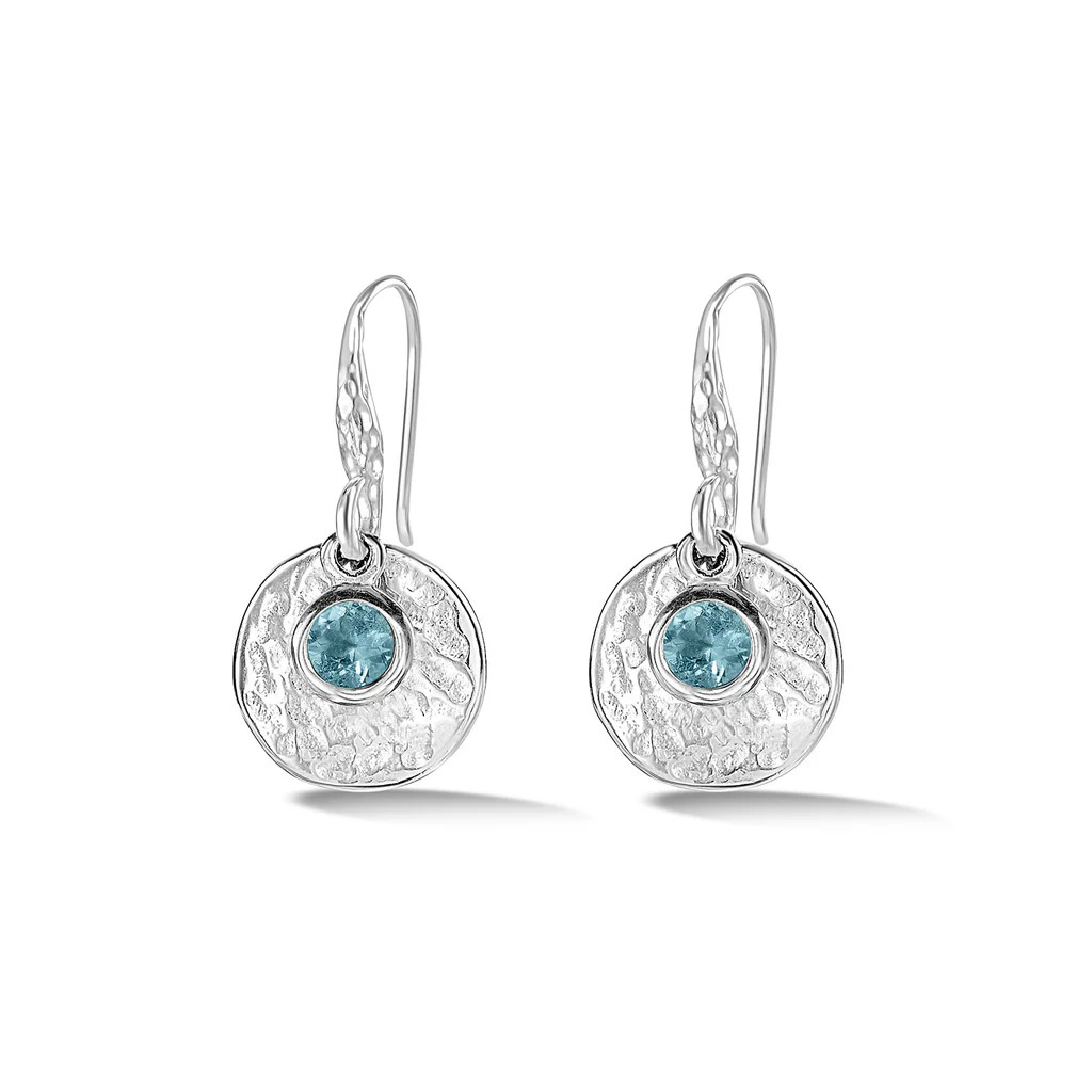Hammered Disc & Blue Topaz Array Drop Earrings | Dower & Hall