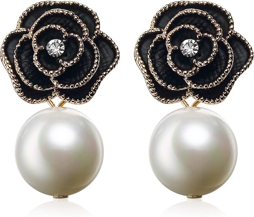 Fashion Designer Imitation Pearl Black Camellia Flower Charm Dangle Drop Earrings Studs For Women | Amazon (US)
