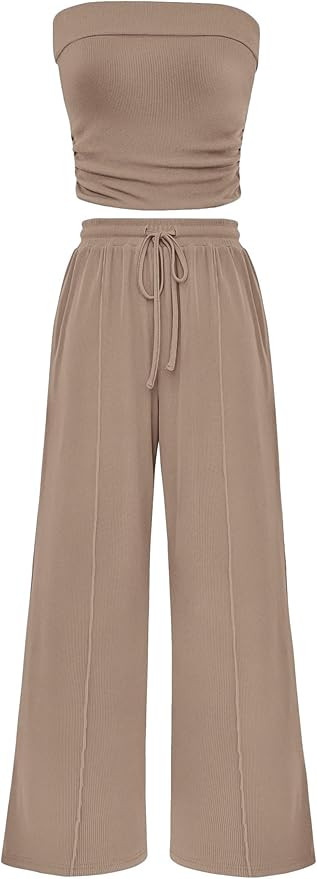 PRETTYGARDEN Womens Summer Outfits 2 Piece Sets Casual Ribbed Knit Crop Tube Top Wide Leg Pants S... | Amazon (US)