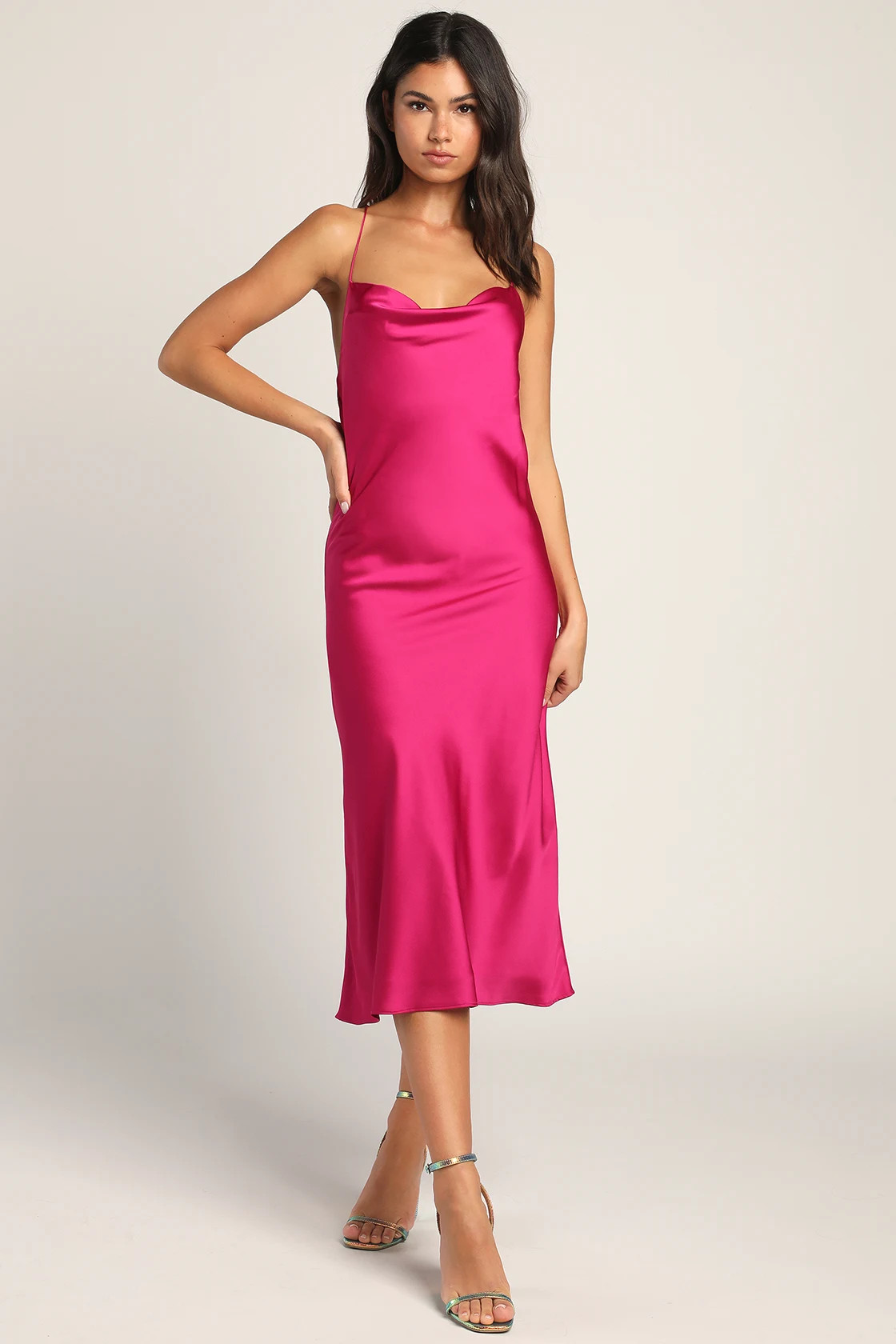 Enchant the Night Magenta Satin Cowl Back Midi Dress | Lulus (US)