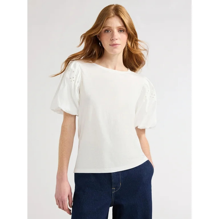 Free Assembly Women's T-Shirt with Embroidered Eyelet Sleeves, Sizes XS-XXL | Walmart (US)