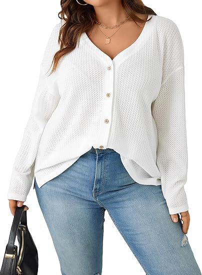 Verdusa Women's Plus Size Long Sleeve Button Down Cardigan V Neck Waffle Knit Top | Amazon (US)