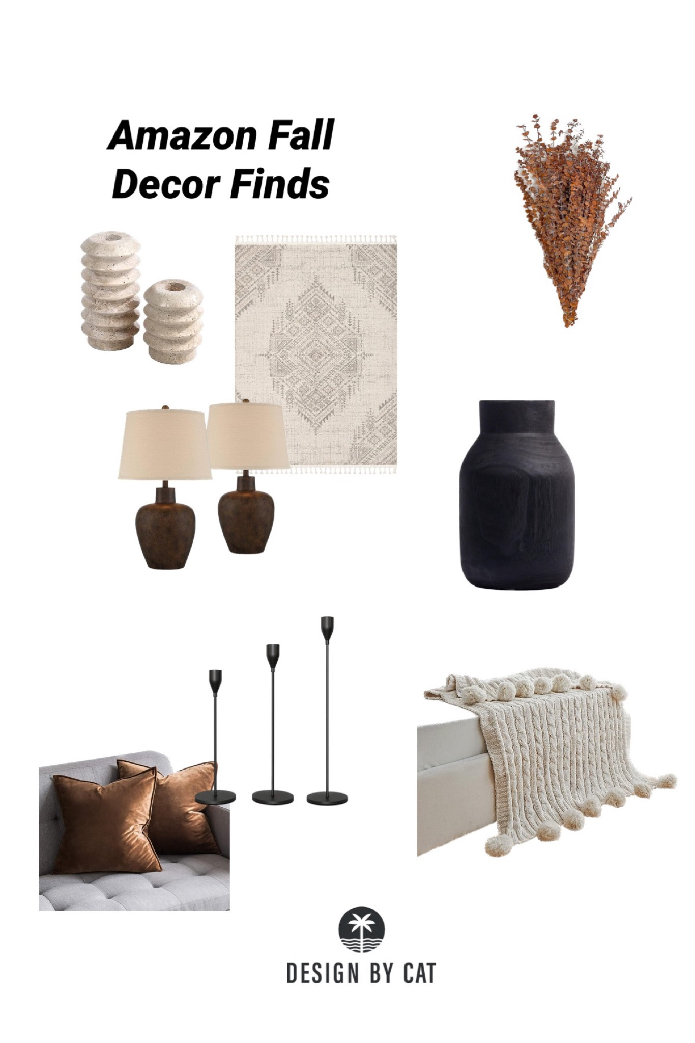Amazon Fall Decor Finds
Cozy blanket
Neutral Rug
Black candlestick holders
Brown velvet pillow covers
Black vase
Travertine candle stick holders
Set of 2 table lamps
Faux fall floral

#LTKhome