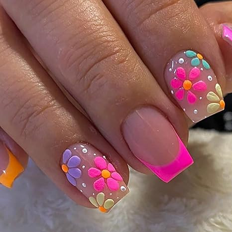 24PCS Flower Press on Nails Short Square Pink Fake Nails Spring Summer Colorful Daisy Designs Ful... | Amazon (US)