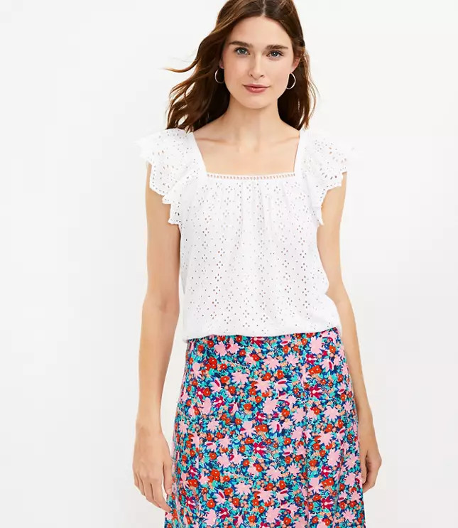 Eyelet Flutter Sleeve Top | LOFT