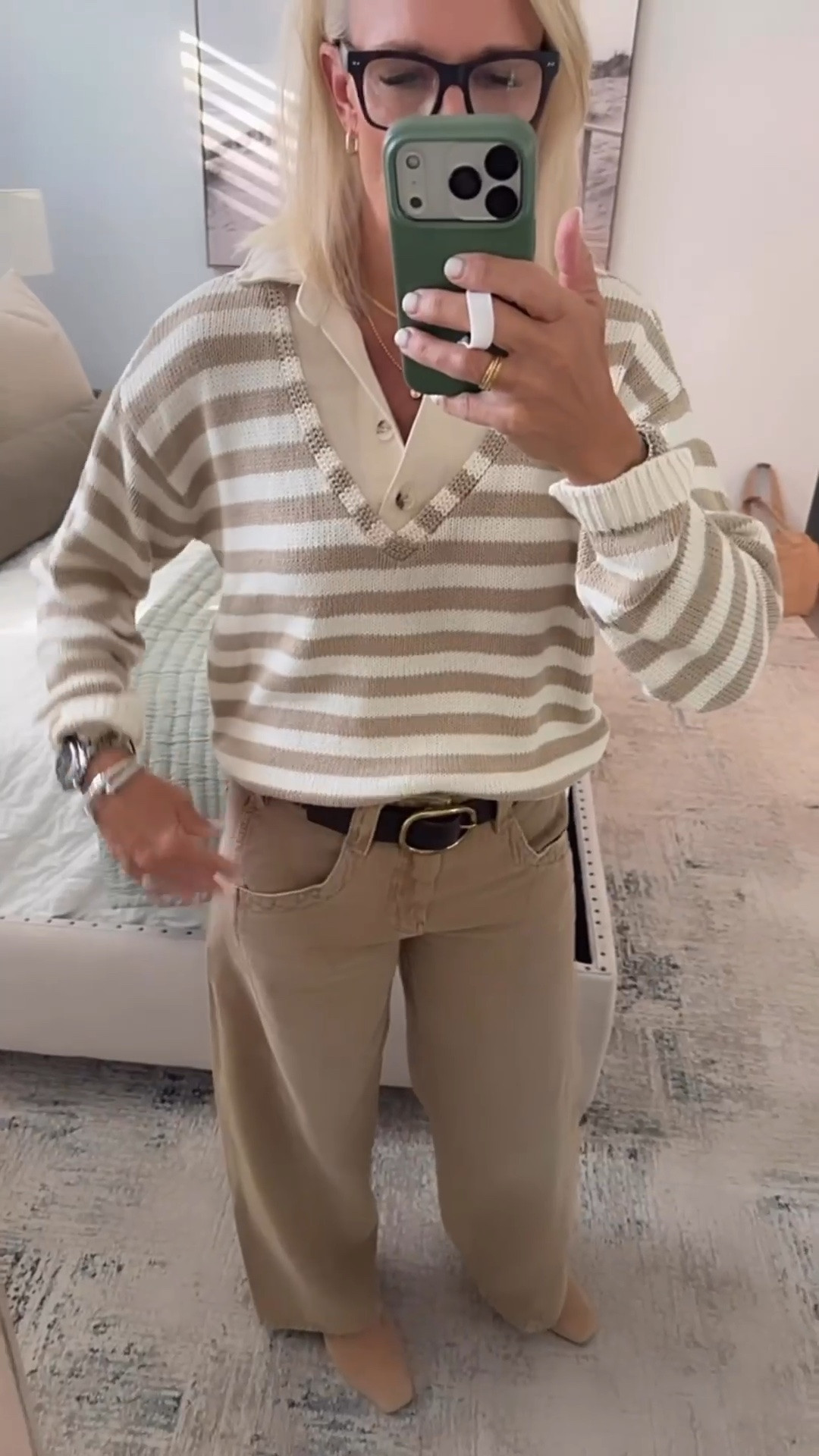 Two Anthropologie finds that make a neutral outfit feel a little more special. I’ve been reaching for these wide-leg pants on repeat! I sized down one size and love how they’re fitted through the top with a relaxed, wide-leg silhouette.

Paired with this neutral striped sweater and a classic belt, it’s an easy, polished everyday outfit that works beautifully for fall and beyond. Both pieces are versatile additions to a timeless wardrobe.