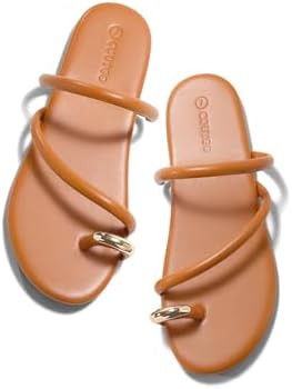 Coutgo Womens Strappy Flat Sandals Square Open Toe Flip Flops Slides Toe Ring Summer Dress Shoes | Amazon (US)