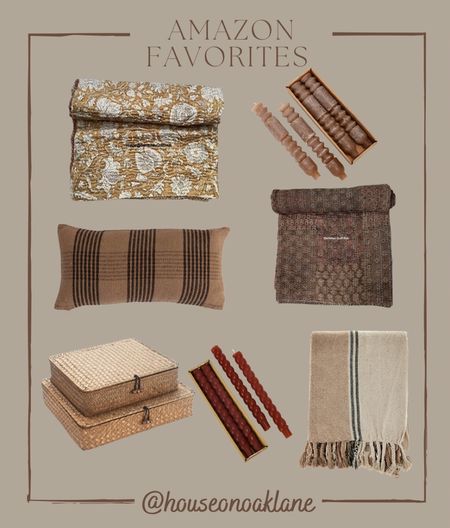 Amazon favorites, Amazon home, neutral stripe throw blanket, woven stacked basket box, burgundy twisted taper candle, olive, brown, tan totem taper candle, brown, red kantha quilt, mustard tan kantha, black tan plaid lumbar pillow 

#LTKunder50 #LTKFind #LTKhome