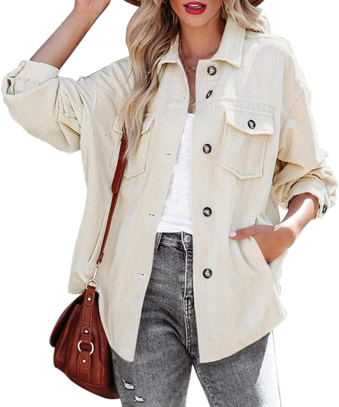 Amazon.com: Women's Corduroy Button Down Pocket Shacket Casual Long Sleeve V Neck Jacket Blouses ... | Amazon (US)