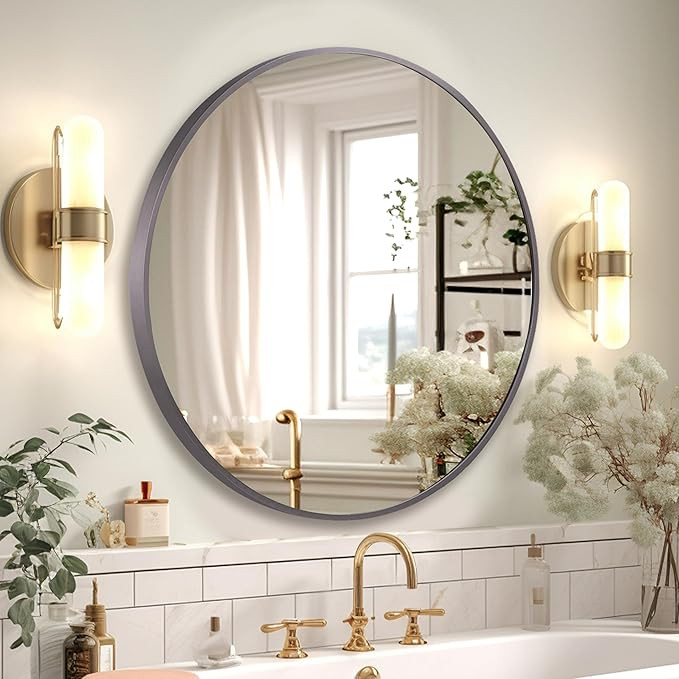 B&C 24 inch Round Titanium Mirror, 1-9/16" inch Brushed Dark Grey Aluminum Frame, Circular Vanity... | Amazon (US)