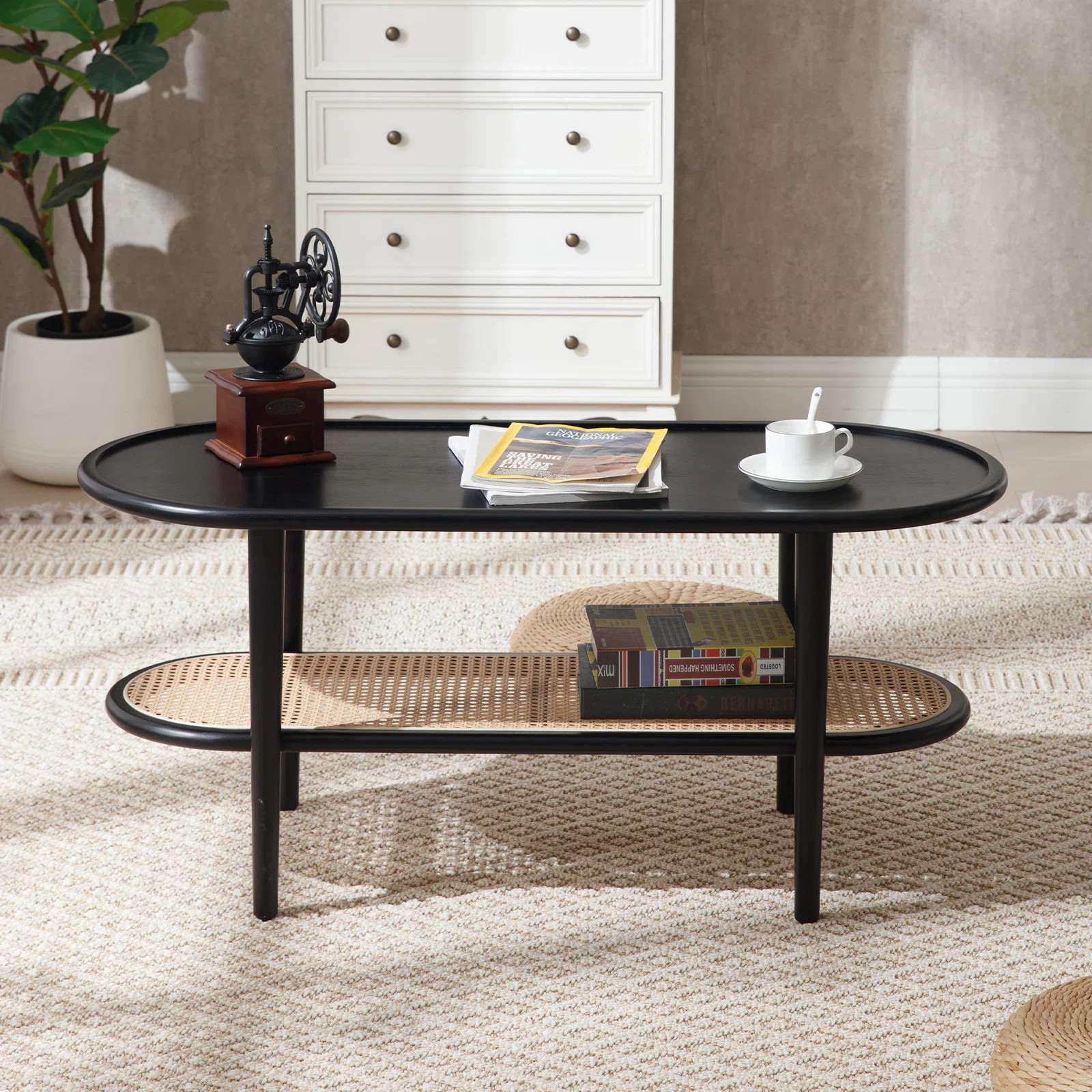 Bay Isle Home™ Arzate Solid Wood Oval Coffee Table with Rattan Shelf Single Coffee Table for Be... | Wayfair North America