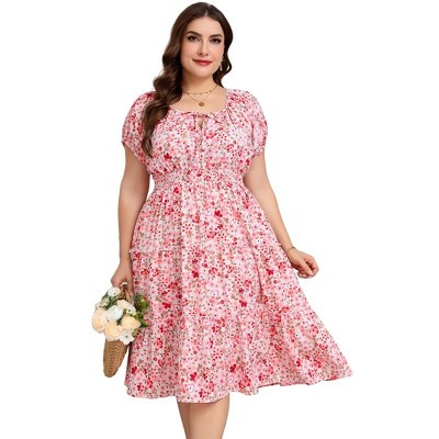 Coolmee Women Plus Size Floral Maxi Dress Short Puff Sleeve Square Neck Boho Flowy Dress Casual Summer Tiered Ruffle Dresses Pink 4XL | Target