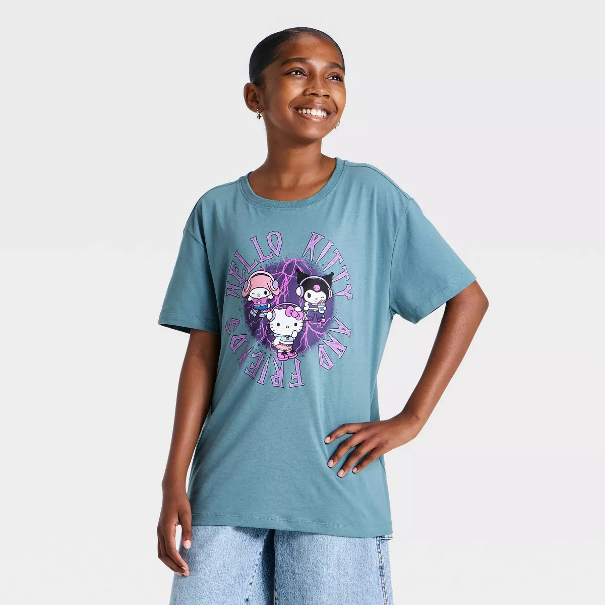 Girls' Sanrio Hello Kitty & Friends Lightning Bolts Oversized Graphic T-Shirt - Dark Teal Blue XS | Target