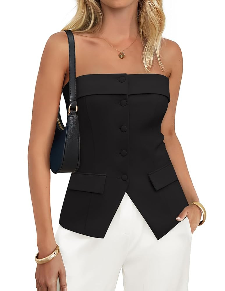 ZESICA Women's 2025 Trendy Strapless Blazer Vests Summer Dressy Tube Vest Tops Elegant Clothes | Amazon (US)
