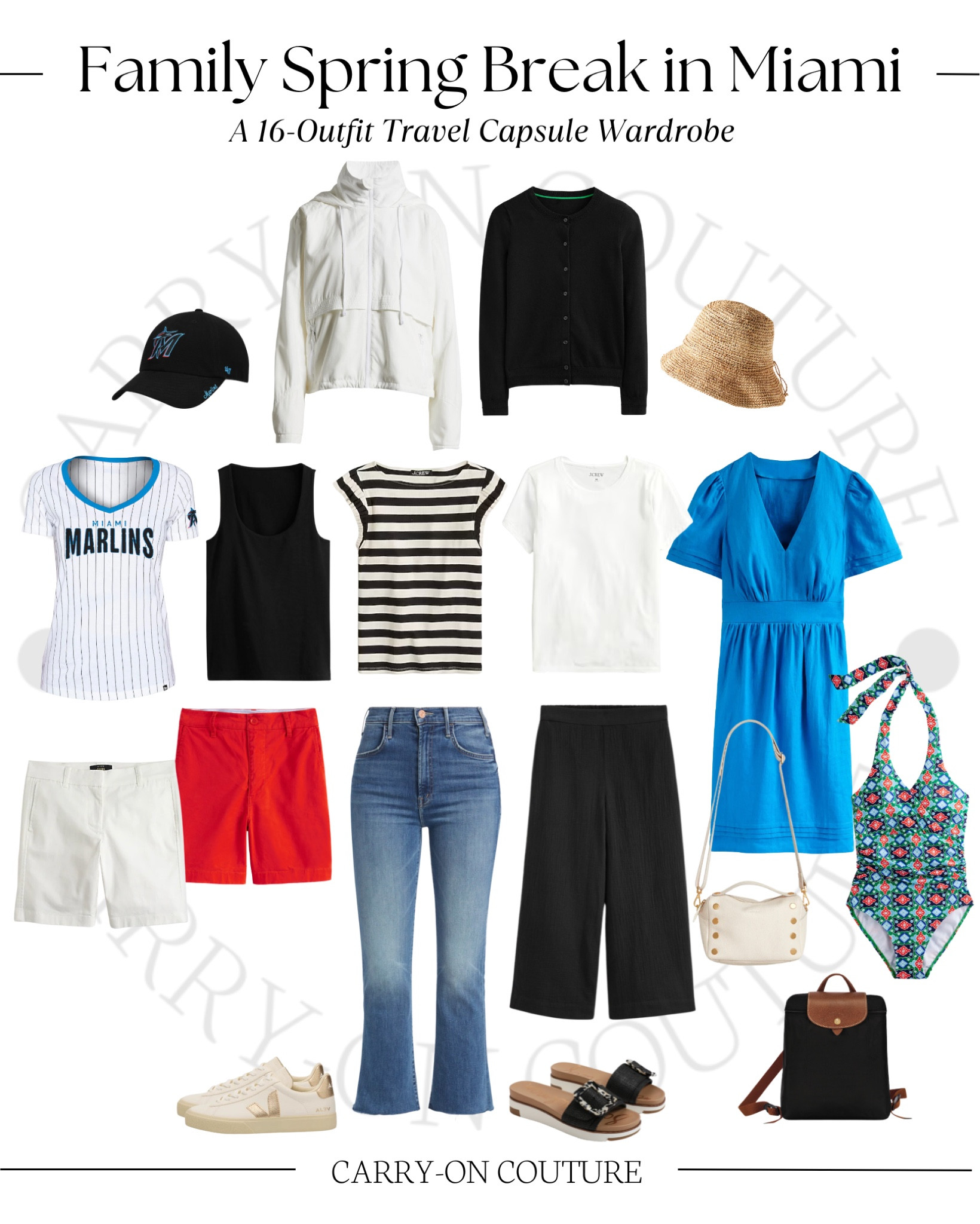 A 16-outfit travel capsule wardrobe inspired by a family spring break trip to Miami.  

10 clothing items, 1 windbreaker, 2 pairs of shoes, 1 crossbody bag, 1 bathing suit, and 1 packable backpack all combine to create more than 16 outfits, and the best part…it all fits in your carry-on suitcase!  

#LTKtravel #LTKover40