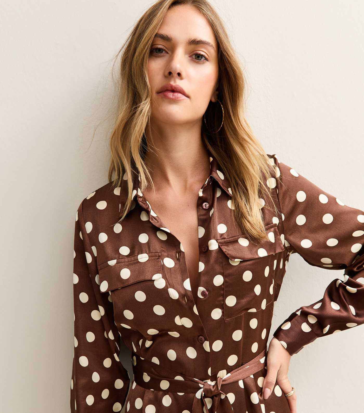 Brown Satin Polka Dot Midi Shirt Dress | New Look | New Look (UK)